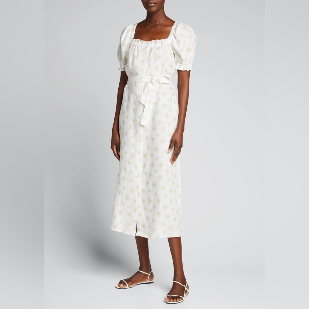 Sleeper‎ Brigitte Linen Midi Dress Mimosa Floral Belted Puff Sleeve Dress Small